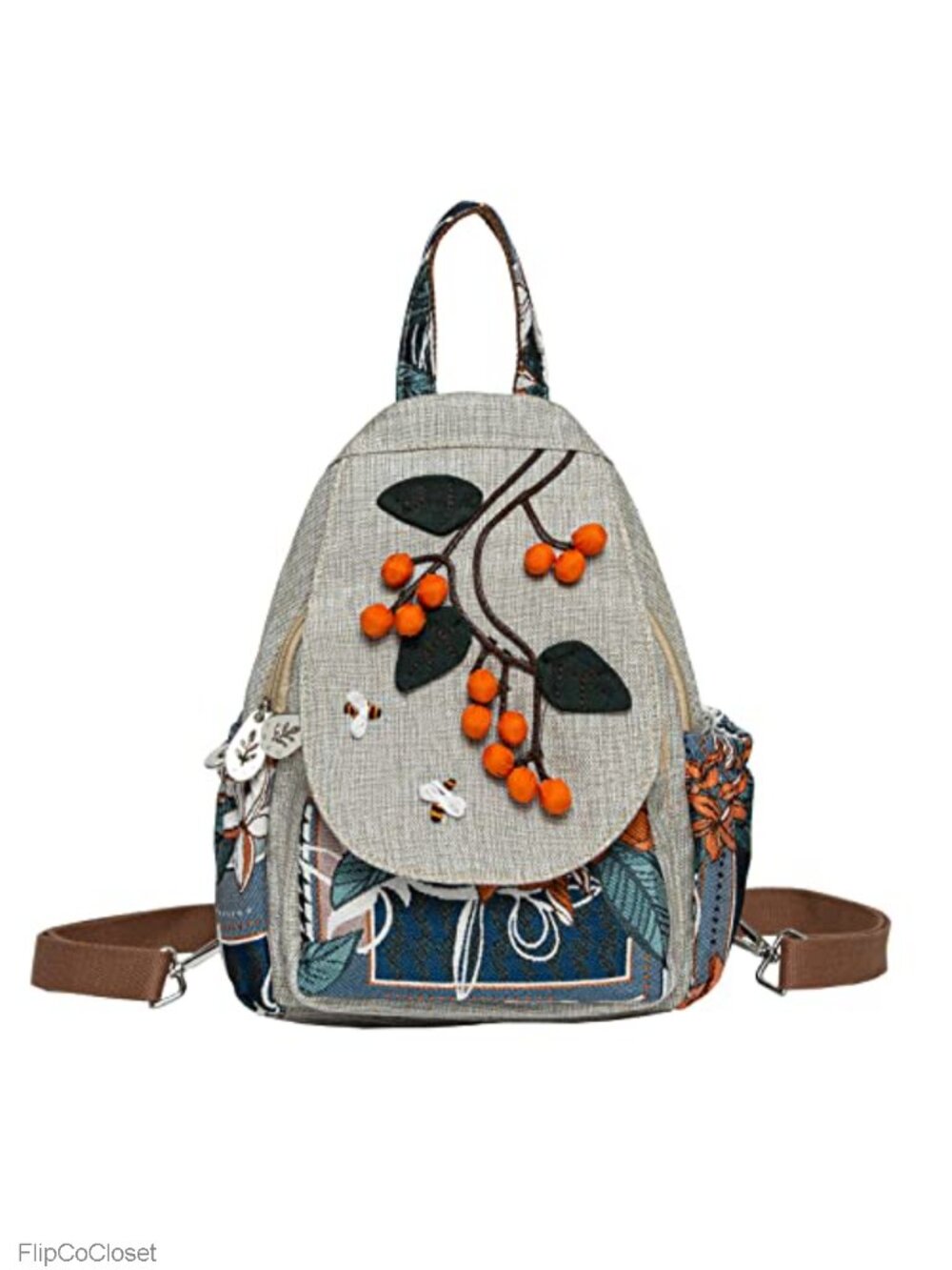 Women Cotton Woven Canvas Mini Backpack Daypack, 3D Berry Leaf Embroidery Floral